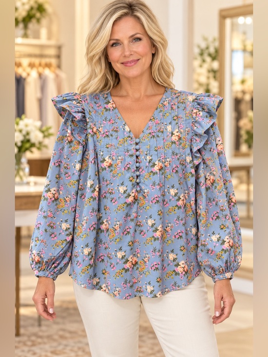 entro Tops - entro Large Blue Floral Ruffle Shoulder V-Neck Cotton Blouse